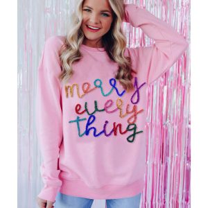 Peach Blossom Merry Every Thing Glitter Slogan Sweatshirt