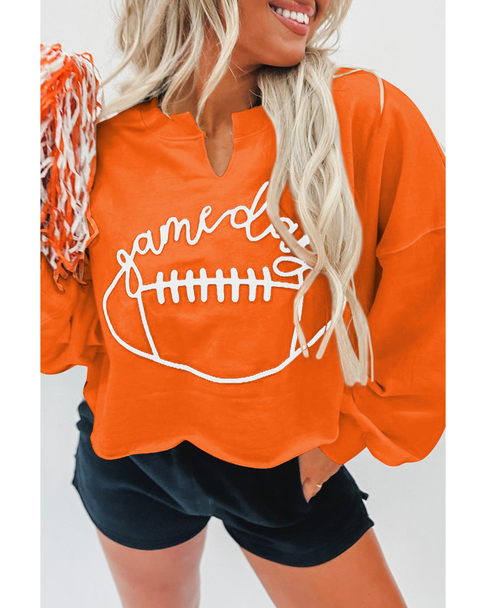 Orange Game Day Lettering Rugby Notched Neck Sweatshirt - Image 3