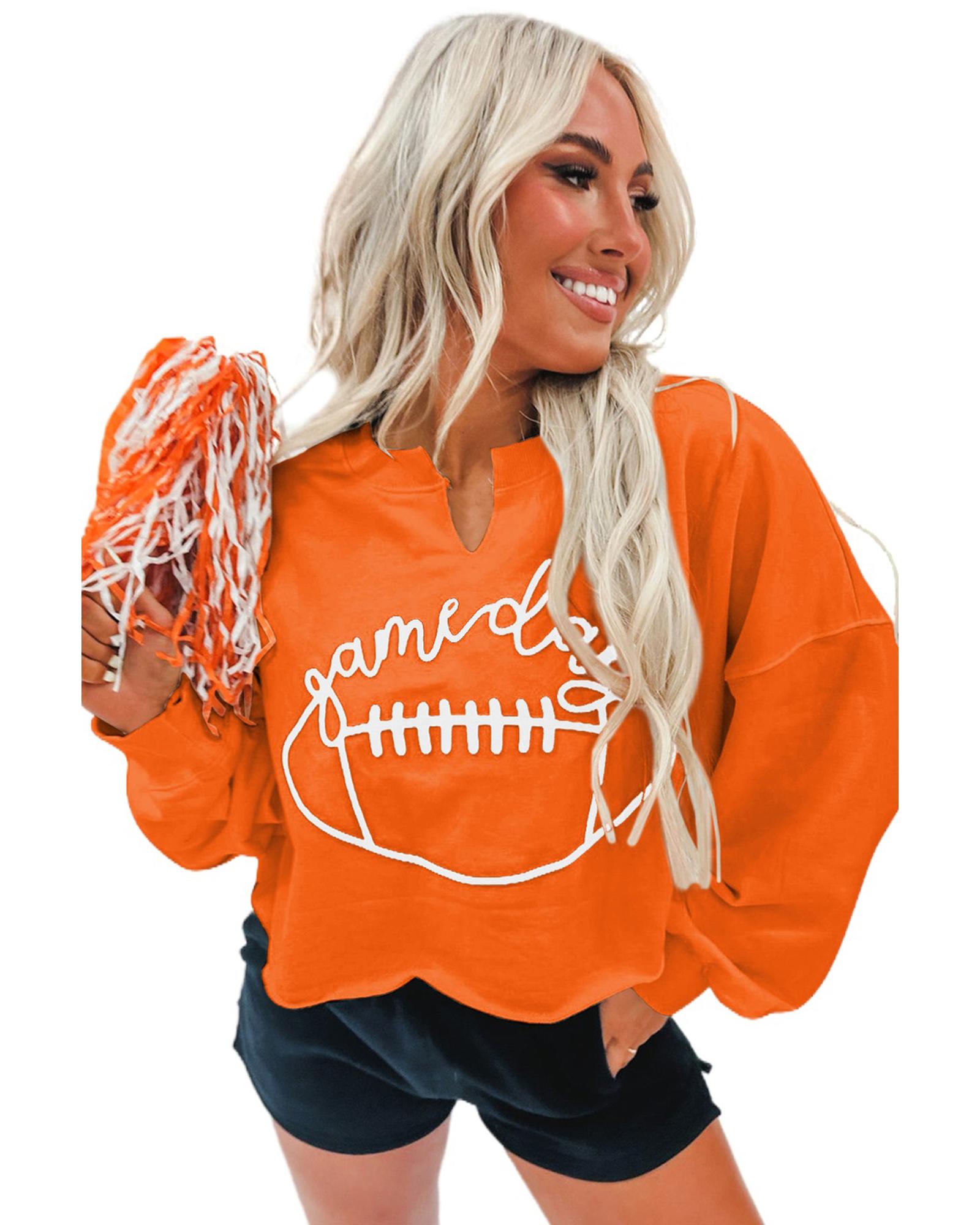 Orange Game Day Lettering Rugby Notched Neck Sweatshirt - Image 5