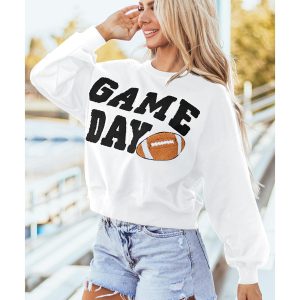 White GAME DAY Graphic Varsity Pullover Sweatshirt