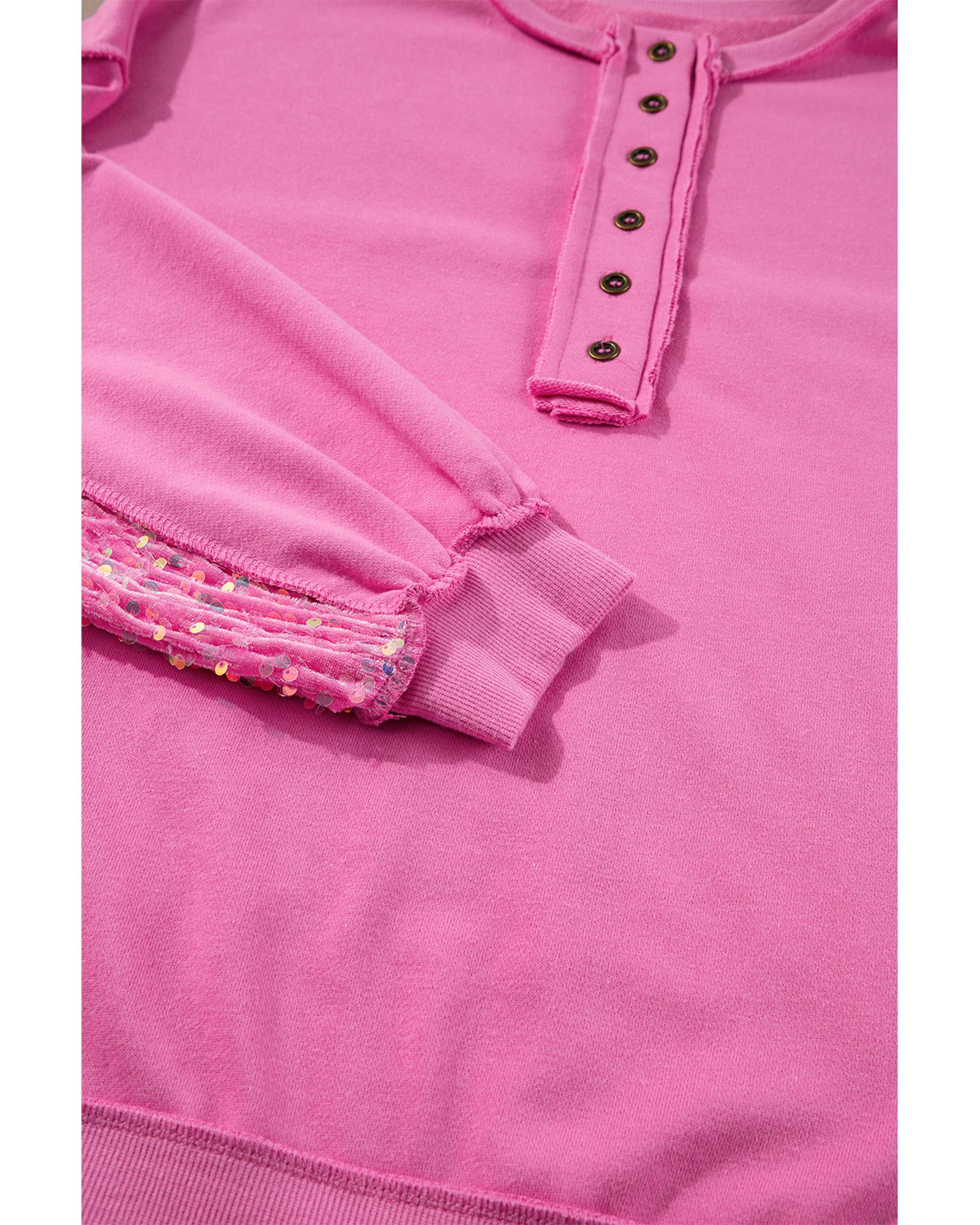 Bonbon Sequin Patchwork High Low Hem Henley Sweatshirt - Image 2