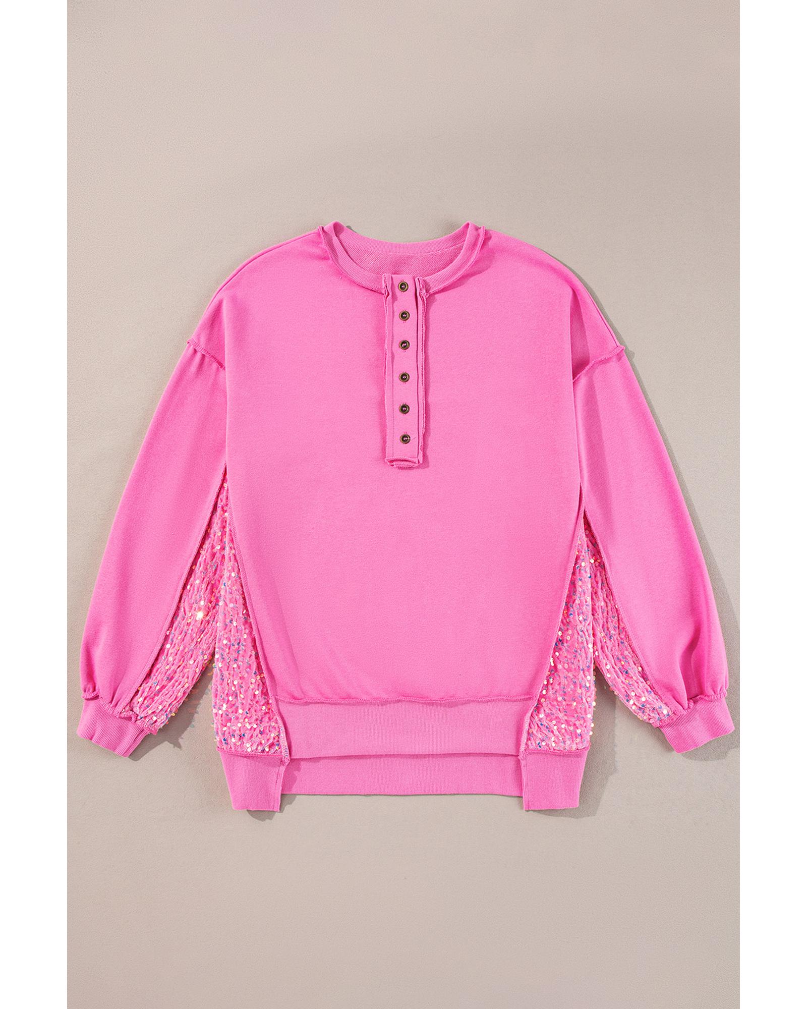 Bonbon Sequin Patchwork High Low Hem Henley Sweatshirt - Image 3
