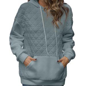 Light Grey Drop Shoulder Quilted Patchwork Kangaroo Pocket Hoodie