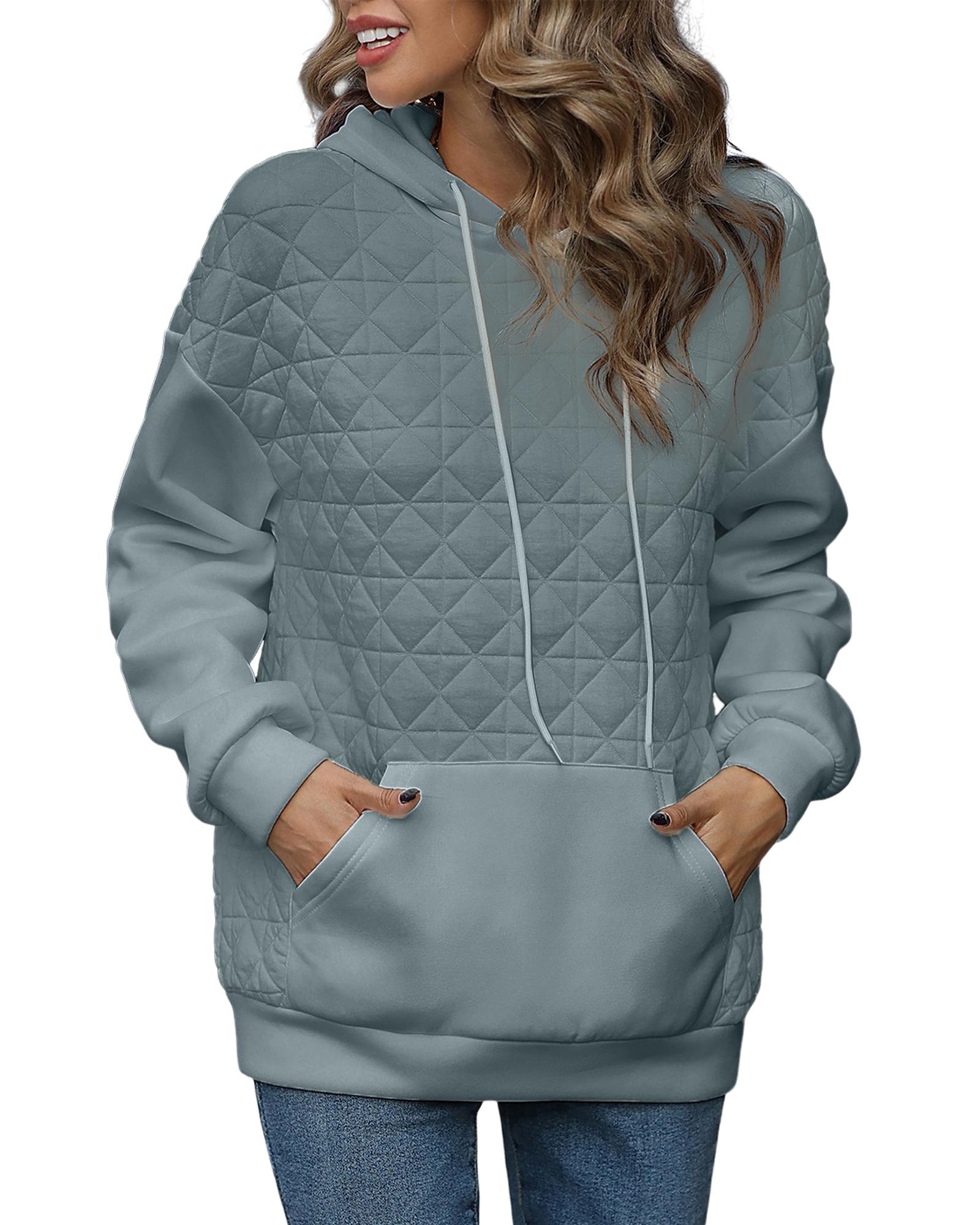 Light Grey Drop Shoulder Quilted Patchwork Kangaroo Pocket Hoodie