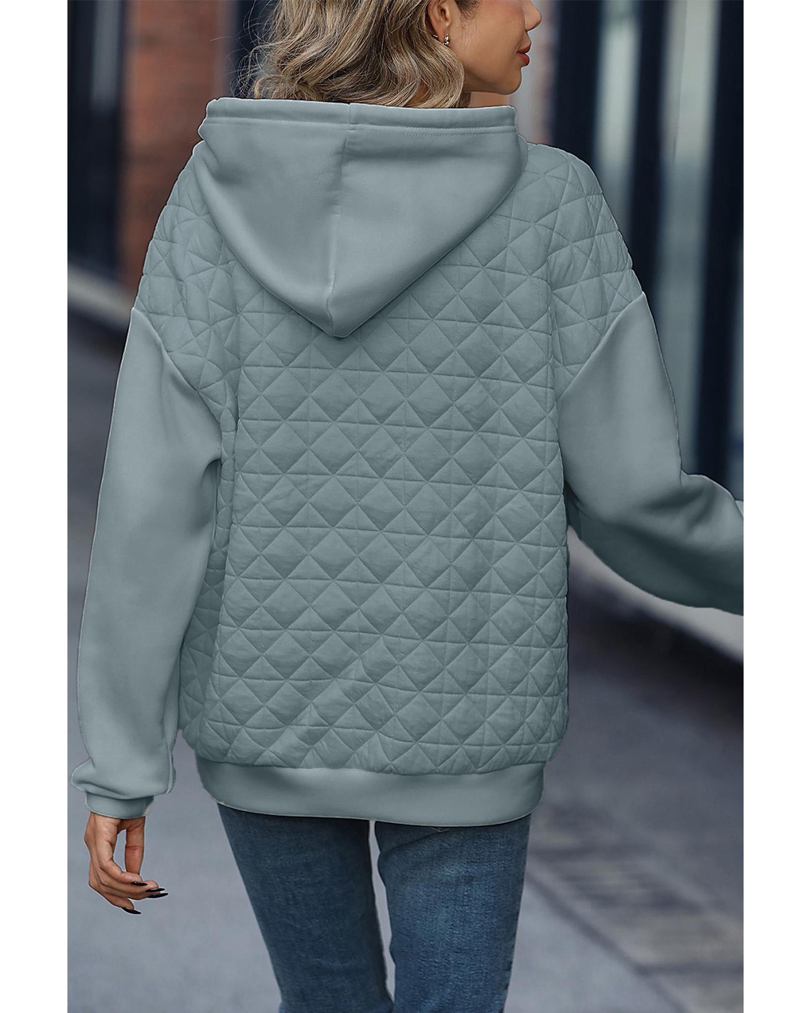 Light Grey Drop Shoulder Quilted Patchwork Kangaroo Pocket Hoodie - Image 2