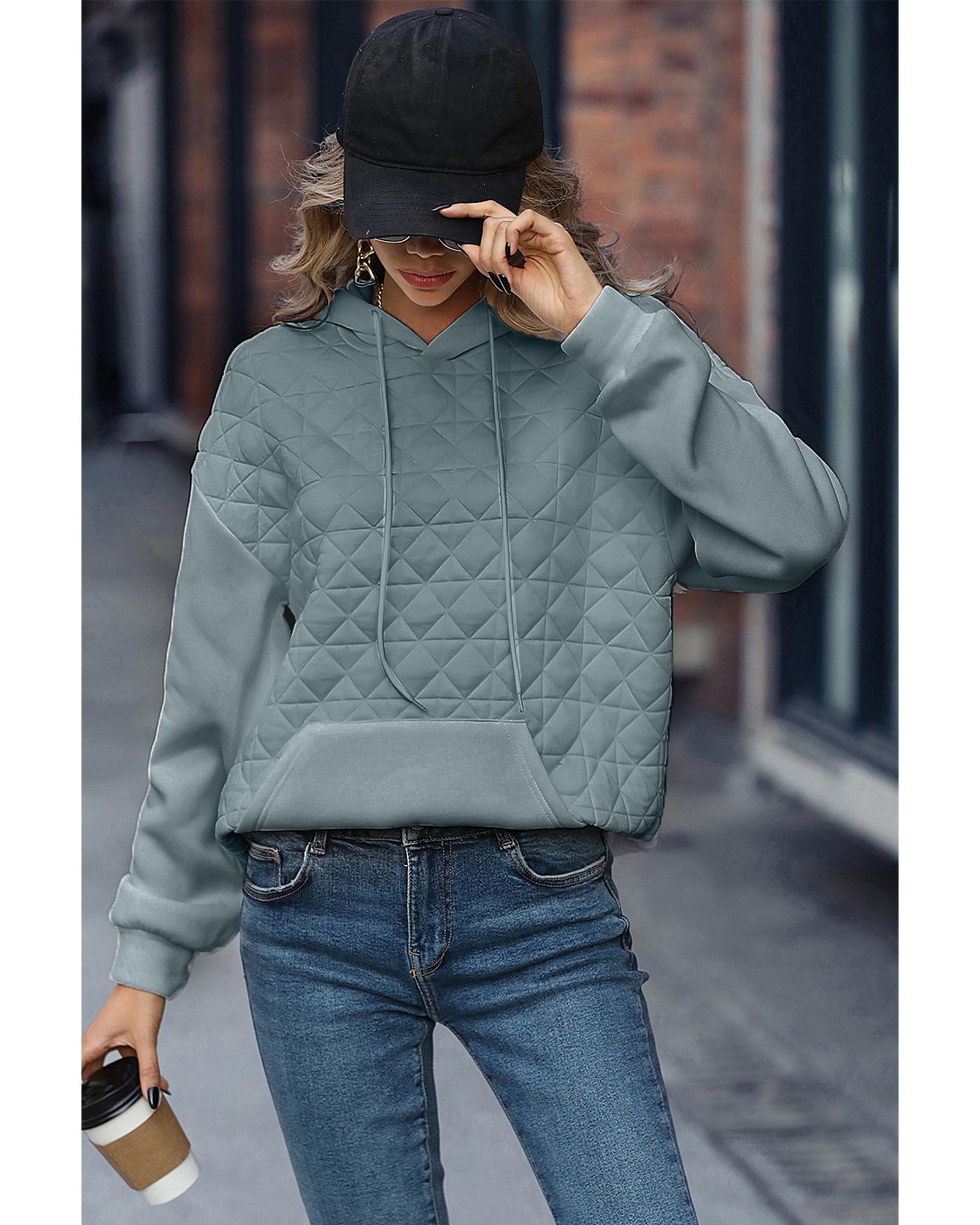 Light Grey Drop Shoulder Quilted Patchwork Kangaroo Pocket Hoodie - Image 3