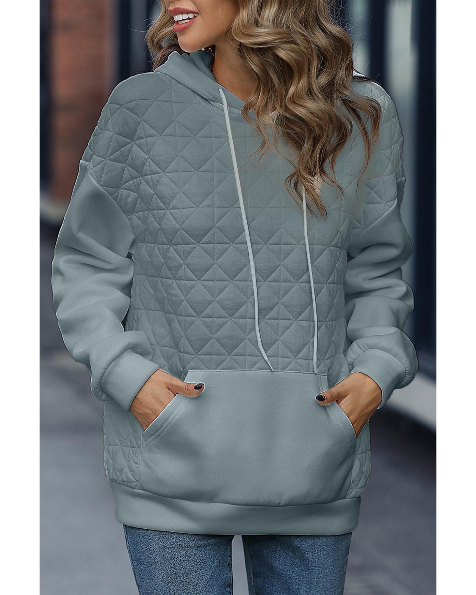 Light Grey Drop Shoulder Quilted Patchwork Kangaroo Pocket Hoodie - Image 4