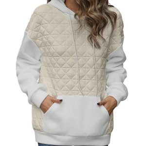 Beige Drop Shoulder Quilted Patchwork Kangaroo Pocket Hoodie