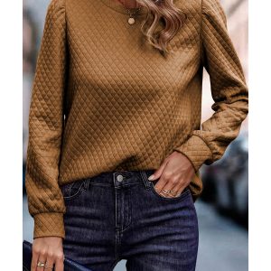 Brown Solid Color Quilted Puff Sleeve Pullover Sweatshirt