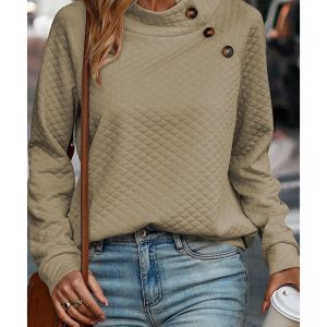 Apricot Quilted Buttoned Neckline Stand Neck Pullover Sweatshirt