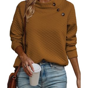 Chestnut Quilted Buttoned Neckline Stand Neck Pullover Sweatshirt