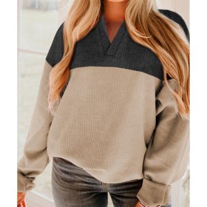 Carbon Grey Notched Neck Colorblock Corded Sweatshirt