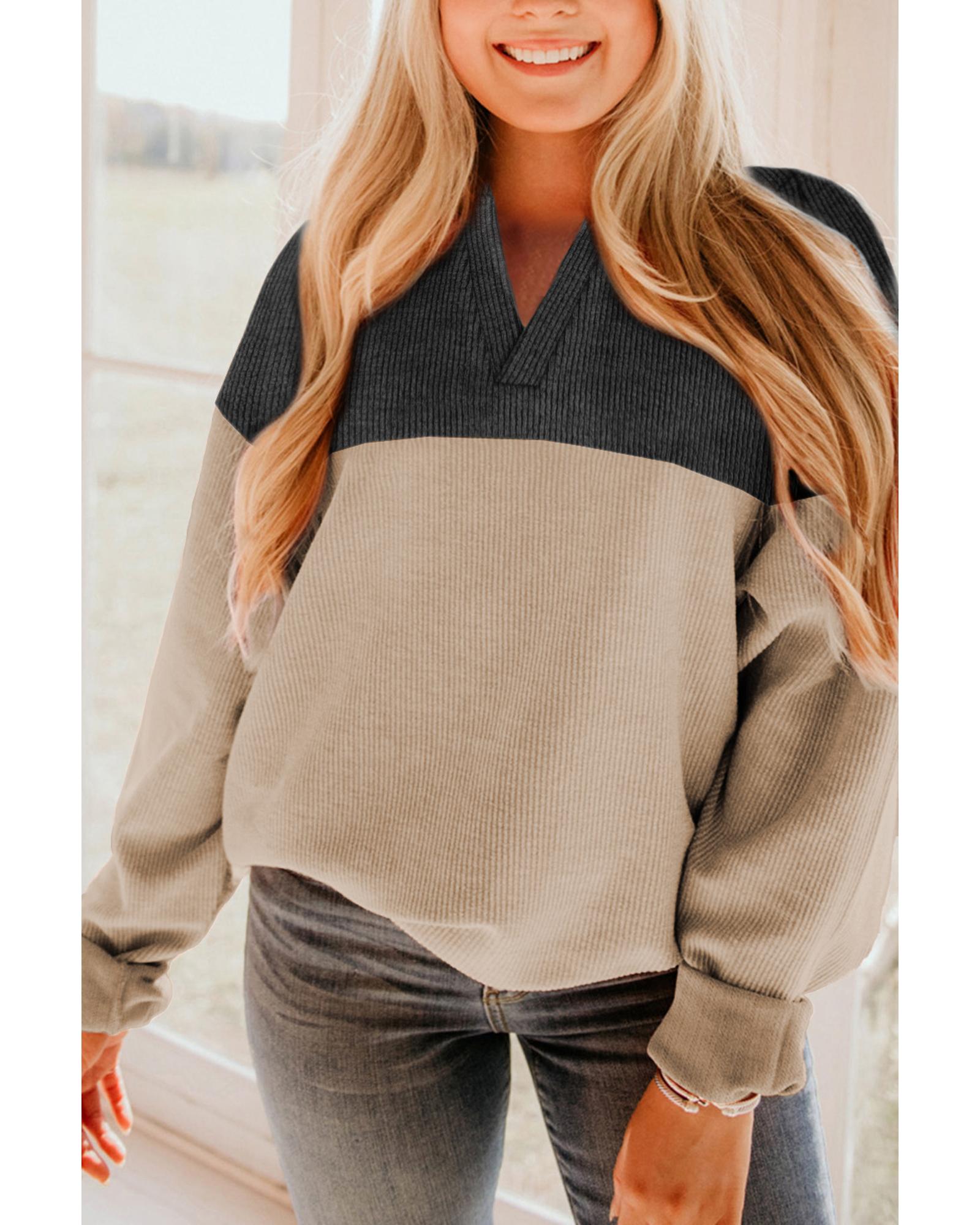 Carbon Grey Notched Neck Colorblock Corded Sweatshirt