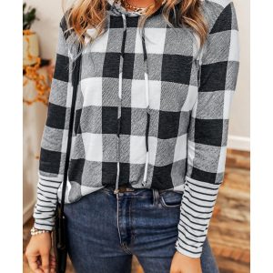 Multicolour Plaid Striped Patchwork Drawstring Hoodie