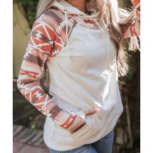 Western Aztec Print Patchwork Double Hood Hoodie