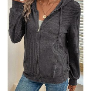 Dark Grey Ribbed Zip Up Front Drawstring Hoodie