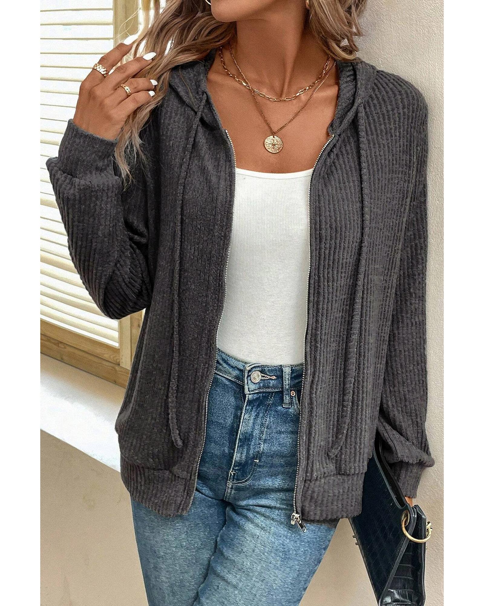 Dark Grey Ribbed Zip Up Front Drawstring Hoodie - Image 2