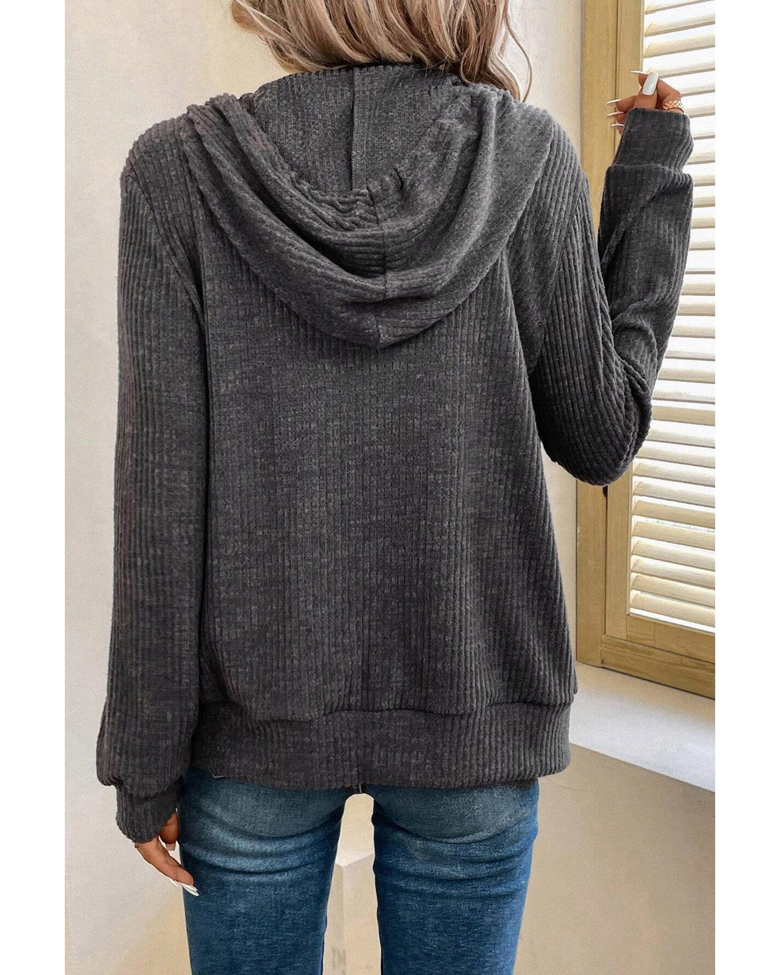 Dark Grey Ribbed Zip Up Front Drawstring Hoodie - Image 3