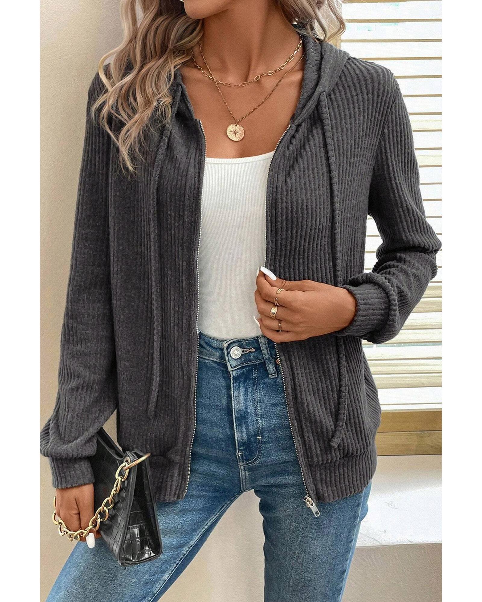Dark Grey Ribbed Zip Up Front Drawstring Hoodie - Image 4
