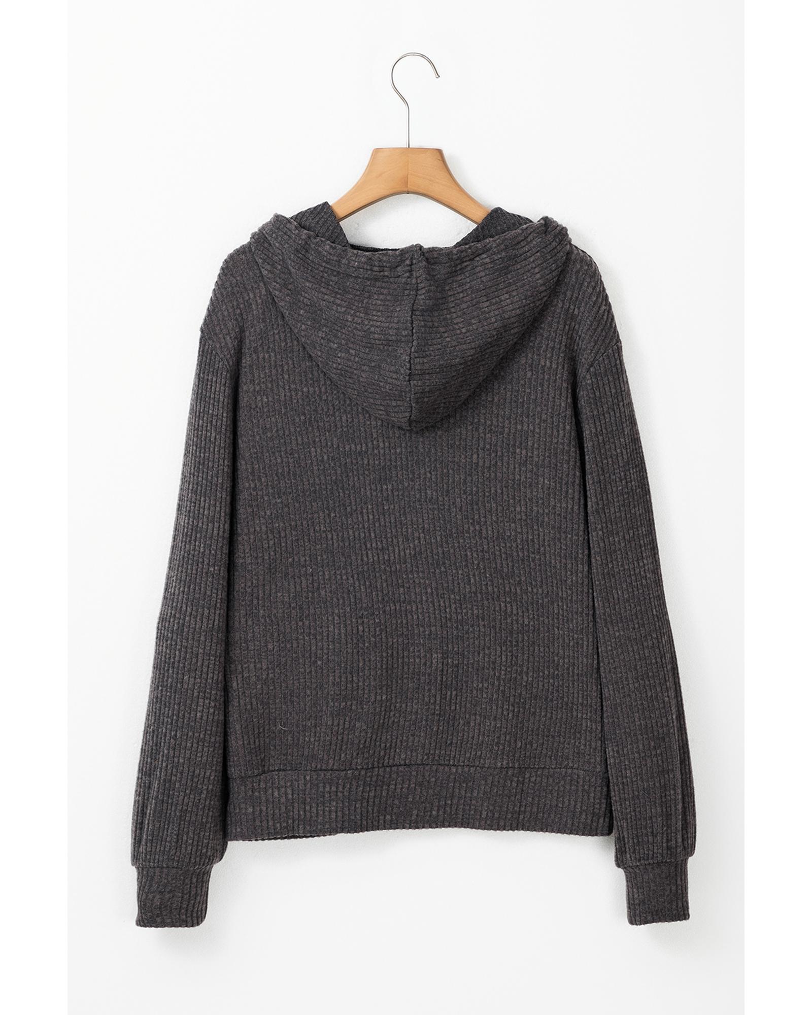Dark Grey Ribbed Zip Up Front Drawstring Hoodie - Image 8