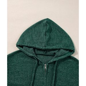 Evergreen Ribbed Zip Up Front Drawstring Hoodie
