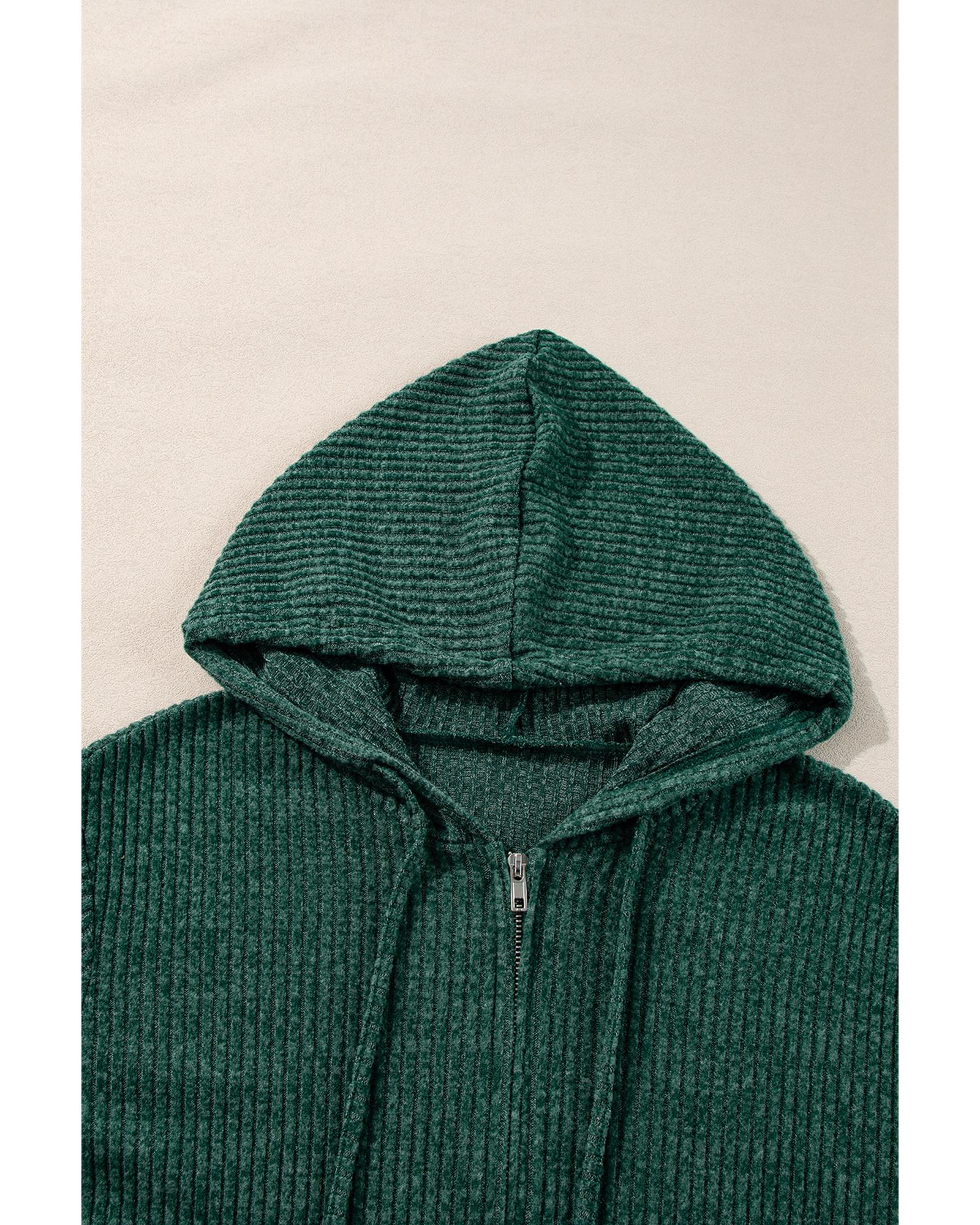 Evergreen Ribbed Zip Up Front Drawstring Hoodie