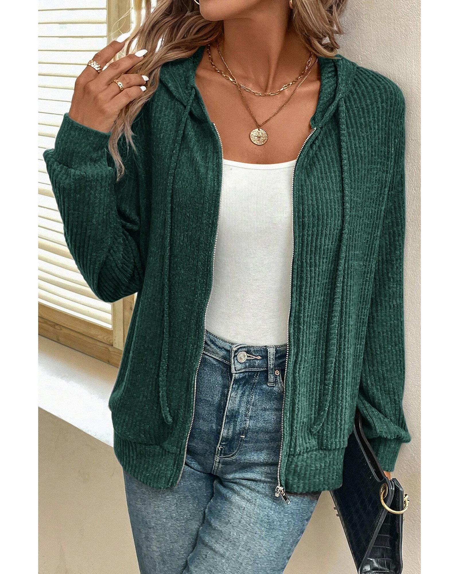 Evergreen Ribbed Zip Up Front Drawstring Hoodie - Image 3
