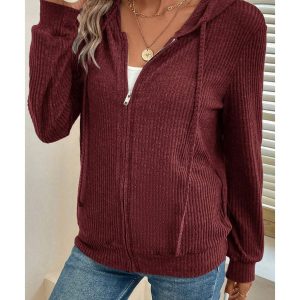 Red Dahlia Ribbed Zip Up Front Drawstring Hoodie