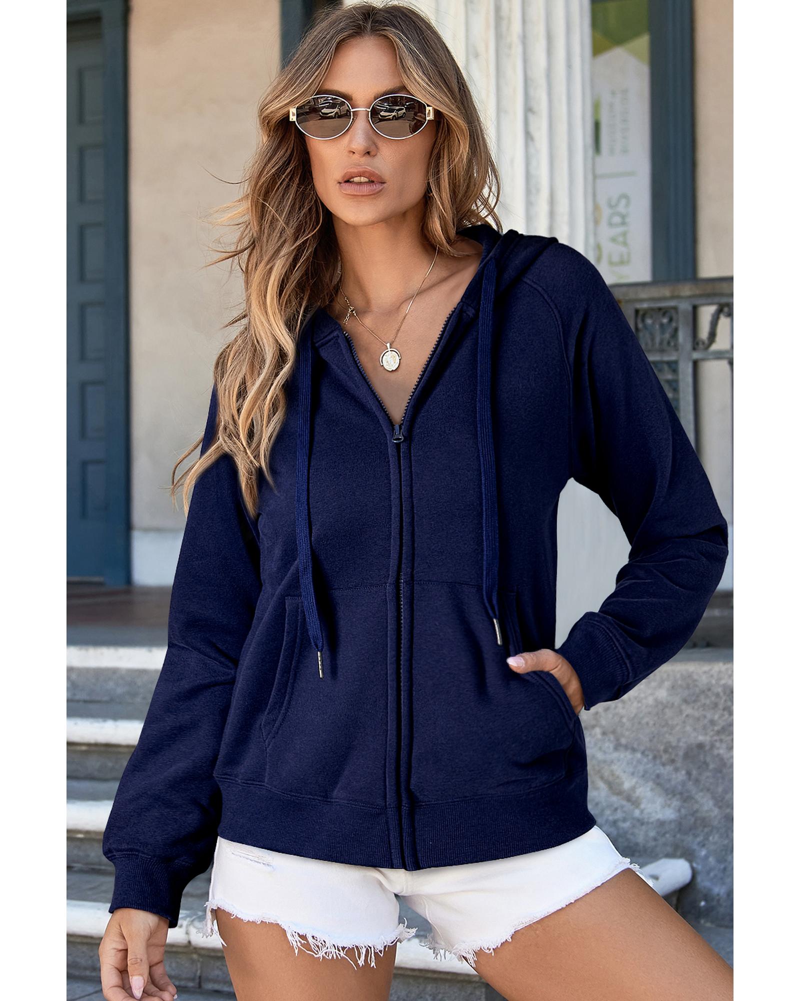 Navy Blue Solid Color Fleece Lined Zip up Hoodie - Image 3