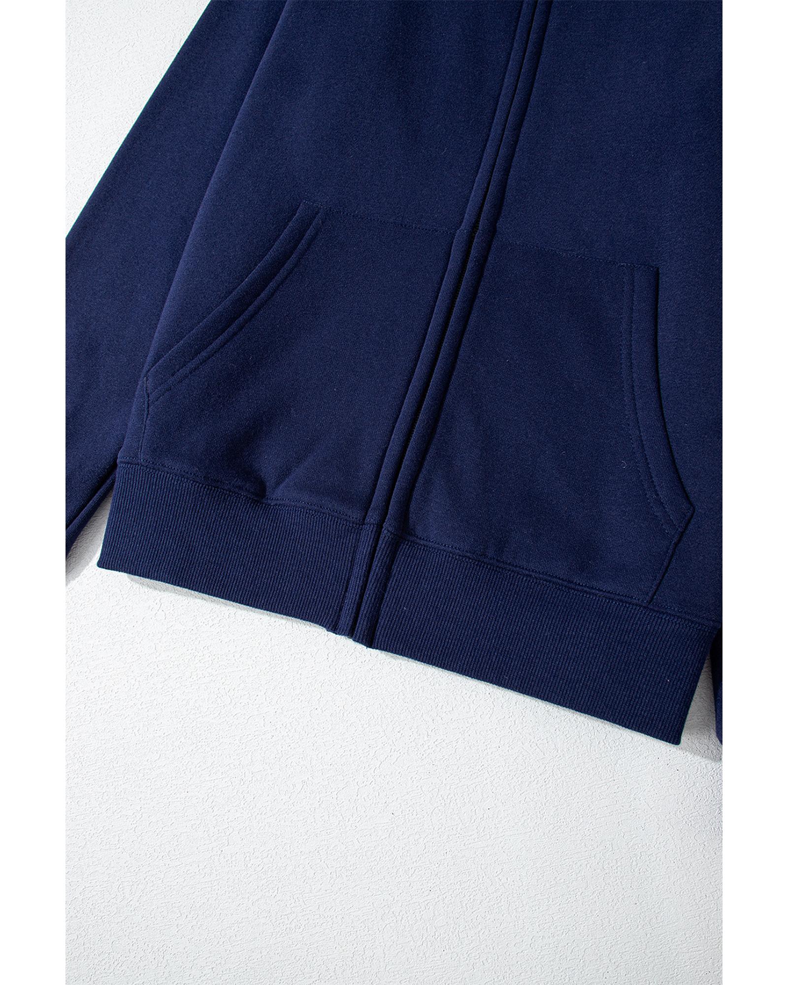 Navy Blue Solid Color Fleece Lined Zip up Hoodie - Image 4