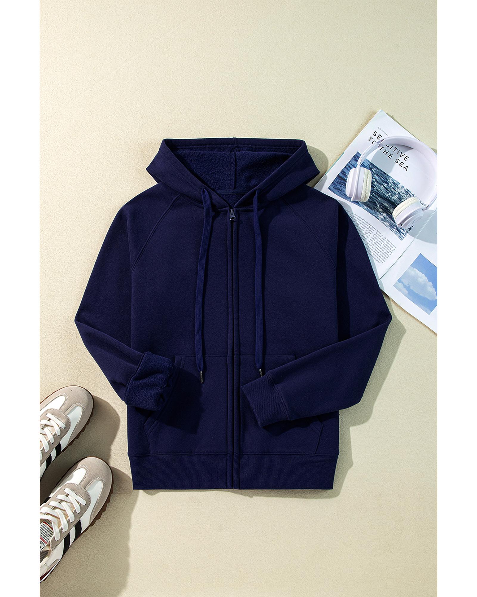 Navy Blue Solid Color Fleece Lined Zip up Hoodie - Image 5