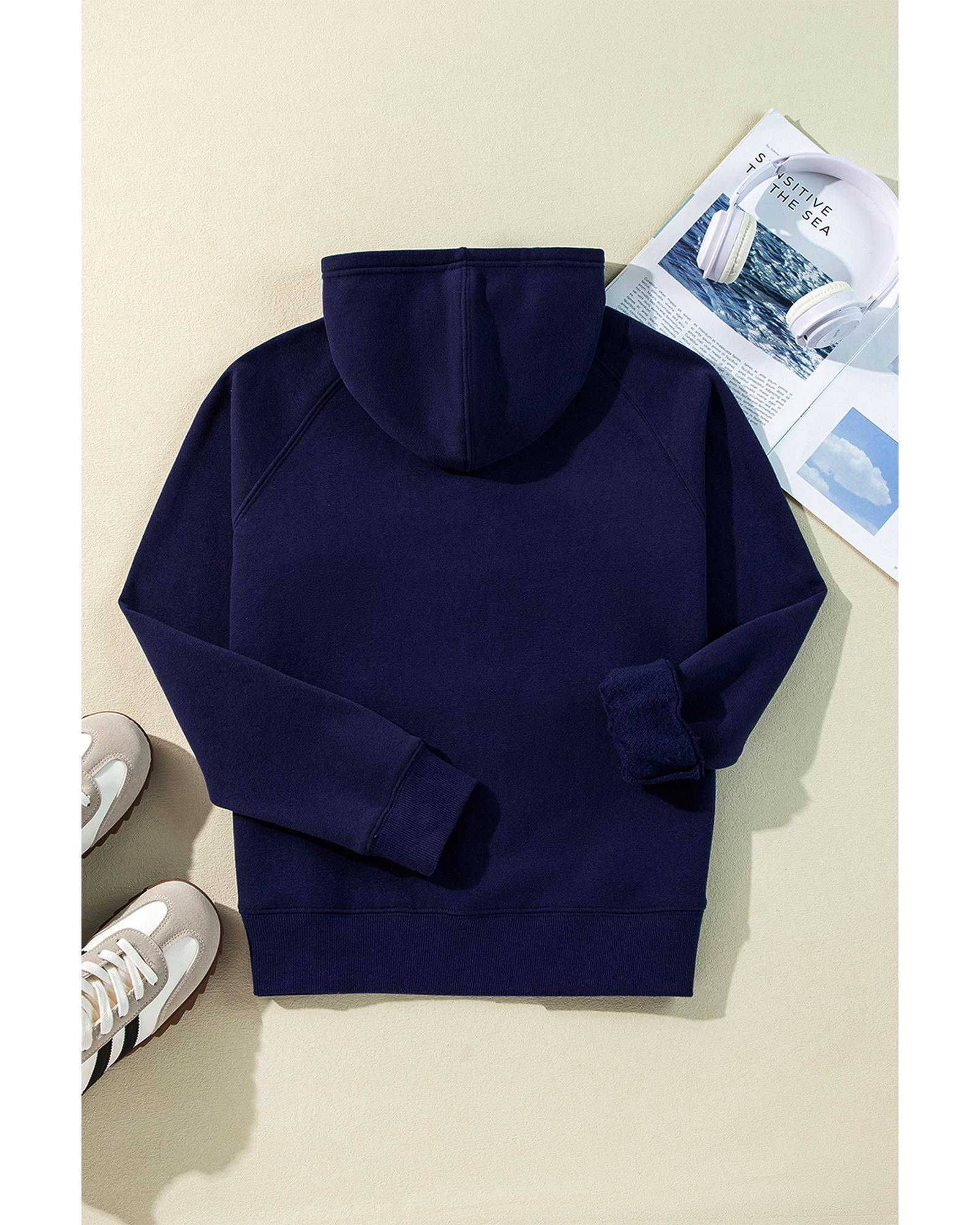 Navy Blue Solid Color Fleece Lined Zip up Hoodie - Image 6
