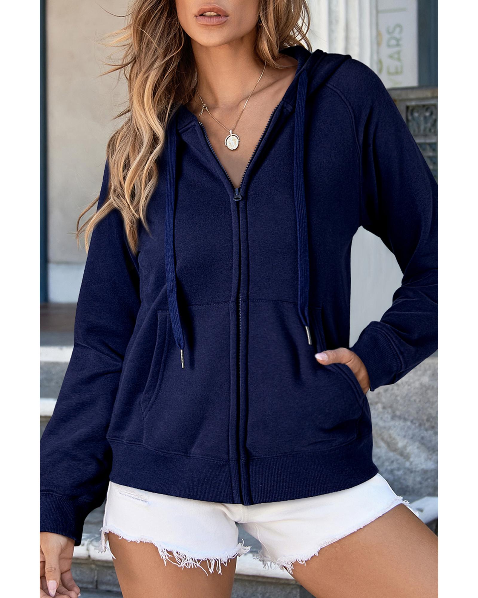 Navy Blue Solid Color Fleece Lined Zip up Hoodie - Image 8