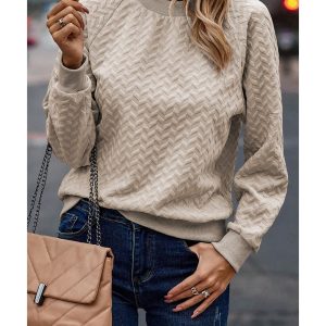 Beige Solid Textured Raglan Sleeve Pullover Sweatshirt