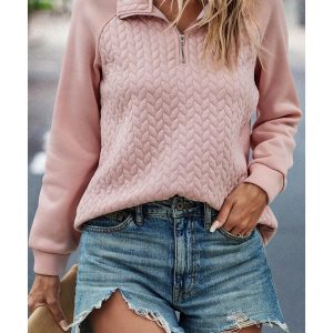 Pale Chestnut Textured Quarter Zip Raglan Sleeve Sweatshirt