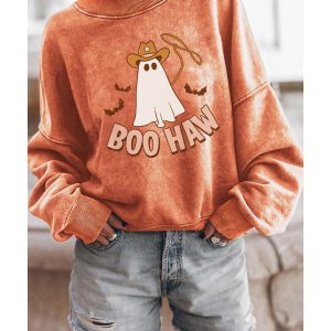 Orange BOO HAW Ghost Halloween Print Drop Sleeve Sweatshirt