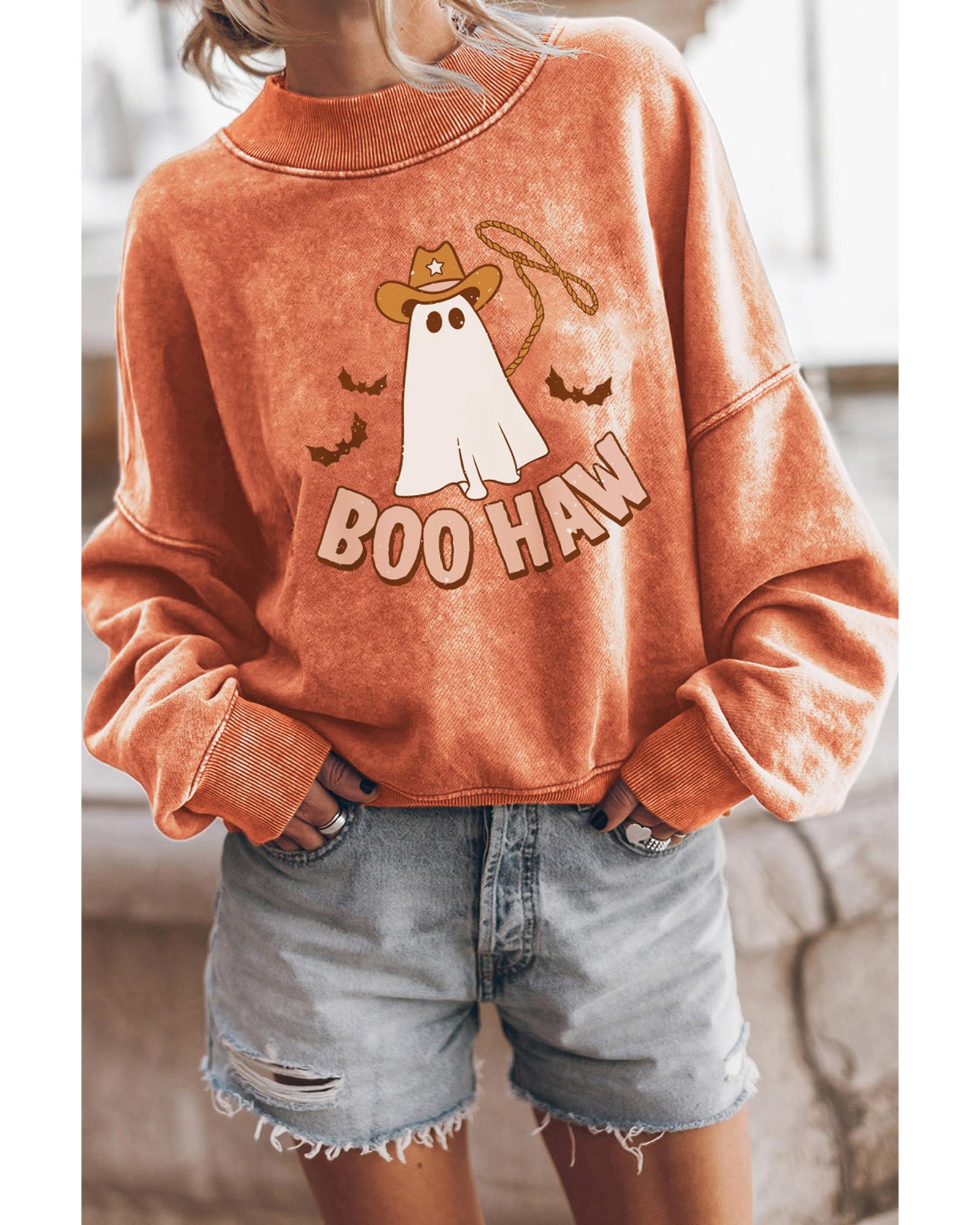 Orange BOO HAW Ghost Halloween Print Drop Sleeve Sweatshirt