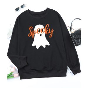 Black Halloween Spooky Ghost Print Crewneck Pullover Sweatshirt