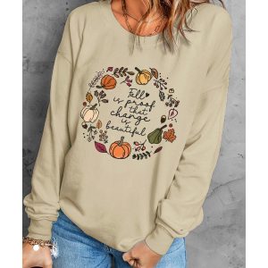 Khaki Fall Vibe Pumpkin Print Round Neck Sweatshirt