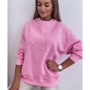 Bonbon Pearl Detail Ribbed Crew Neck Sweatshirt