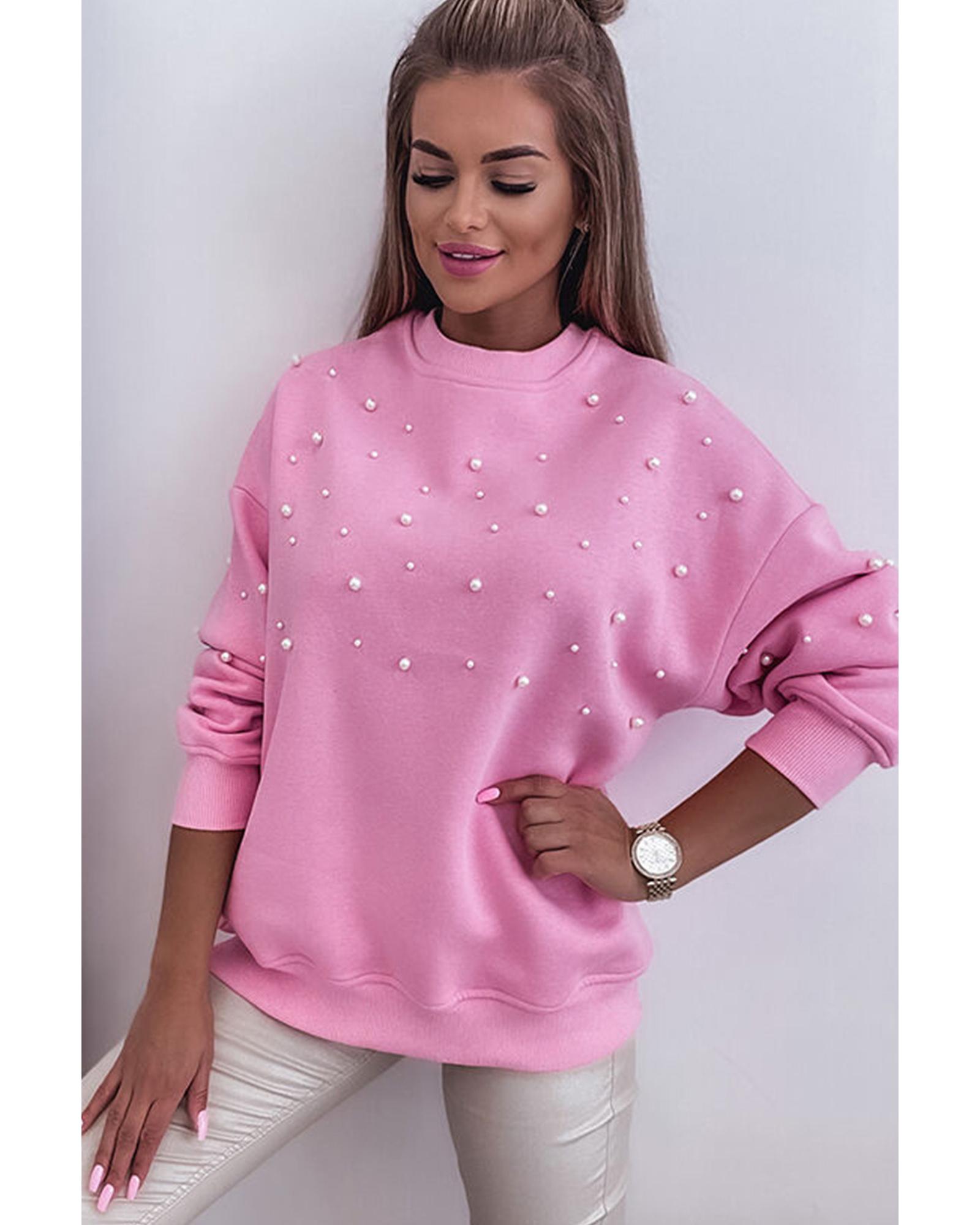 Bonbon Pearl Detail Ribbed Crew Neck Sweatshirt
