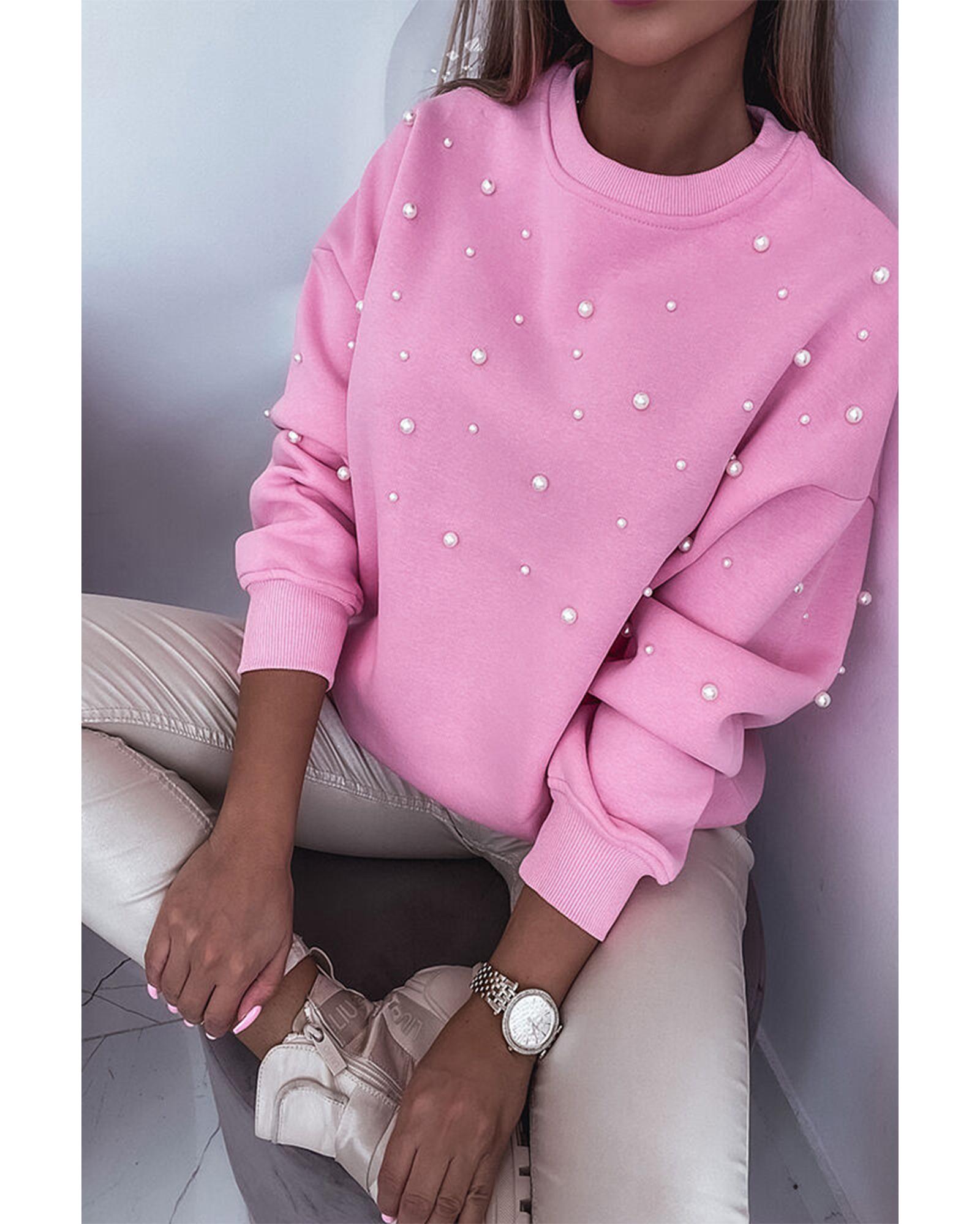 Bonbon Pearl Detail Ribbed Crew Neck Sweatshirt - Image 2