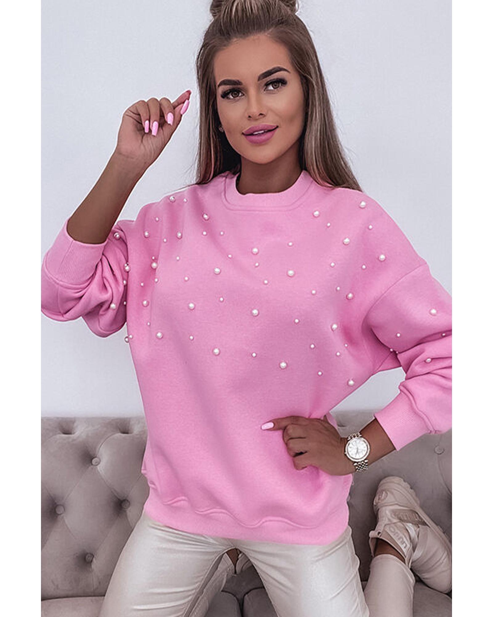 Bonbon Pearl Detail Ribbed Crew Neck Sweatshirt - Image 4