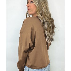 Coffee Solid Exposed Seam Pullover Sweatshirt