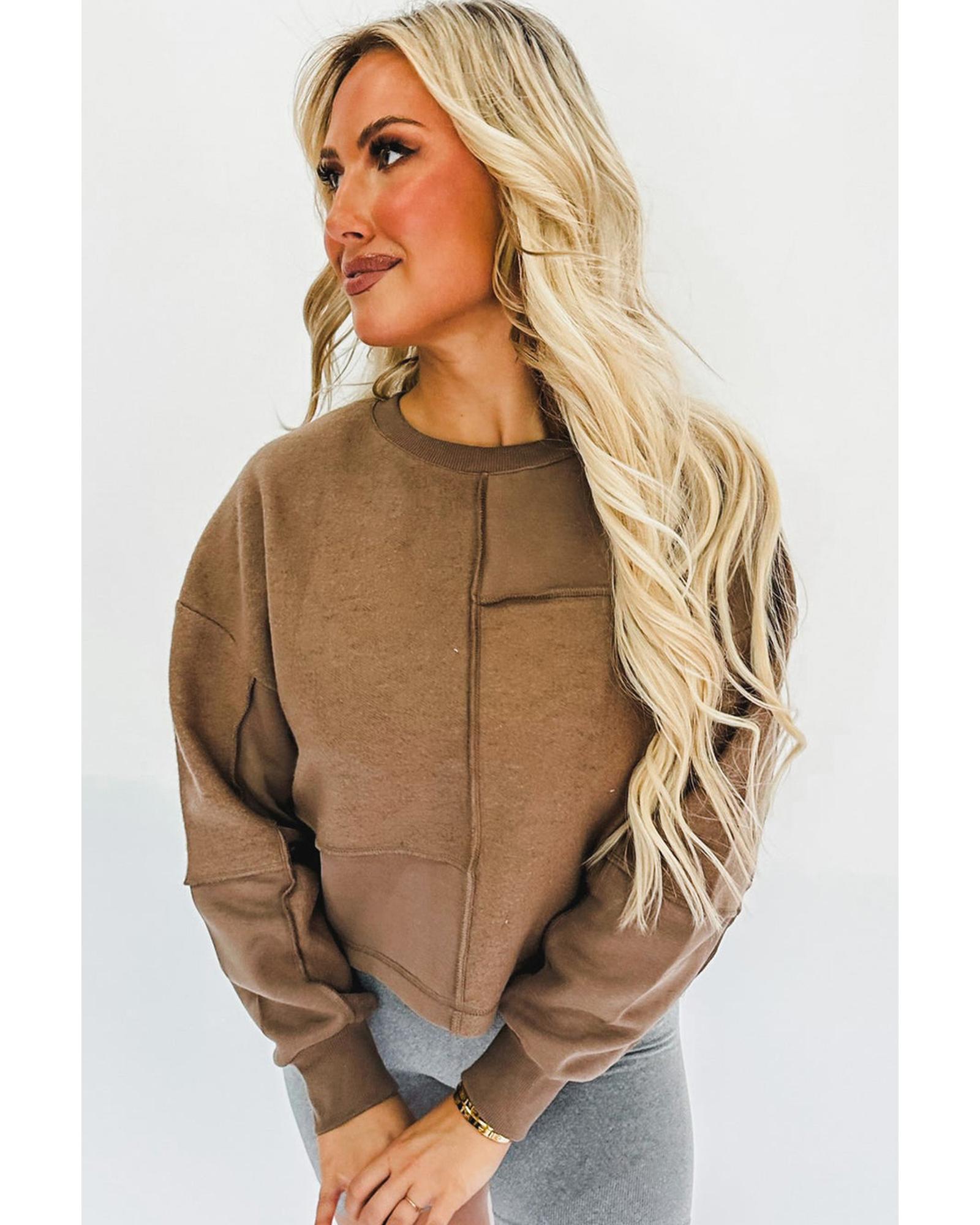 Coffee Solid Exposed Seam Pullover Sweatshirt - Image 3