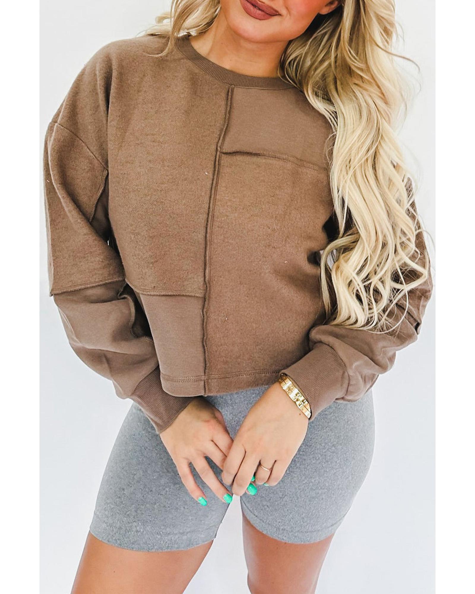 Coffee Solid Exposed Seam Pullover Sweatshirt - Image 4