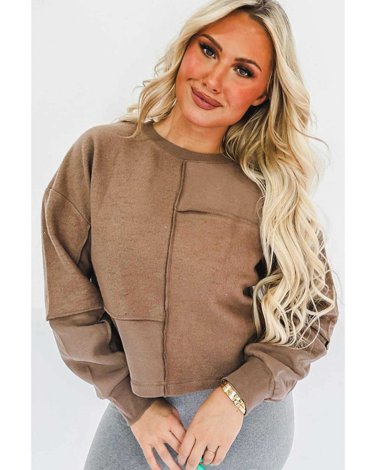 Coffee Solid Exposed Seam Pullover Sweatshirt - Image 6