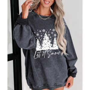 Gray Christmas Tree Flake Graphic Corded Sweatshirt