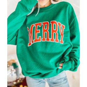 Bright Green MERRY Graphic Pullover Sweatshirt