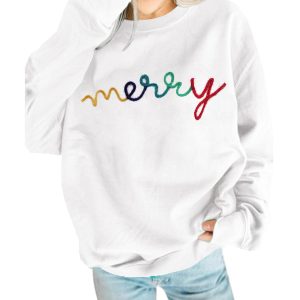 White MERRY Graphic Pullover Sweatshirt